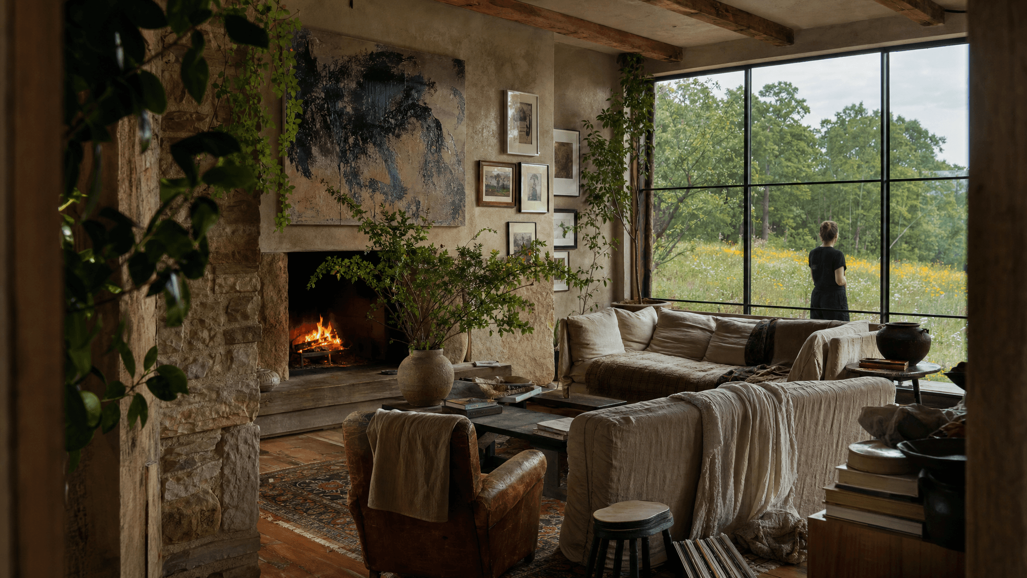 Planned project visualization of an Ozark meadow living room with stone, fire, collected art, books, planting, layered furniture, and a framed grassland view.