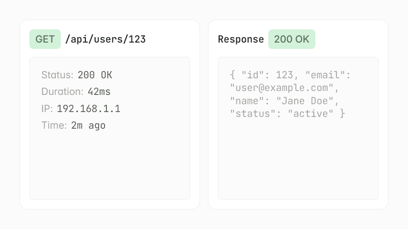 API GET request for user 123 returns user data and a 200 OK status.