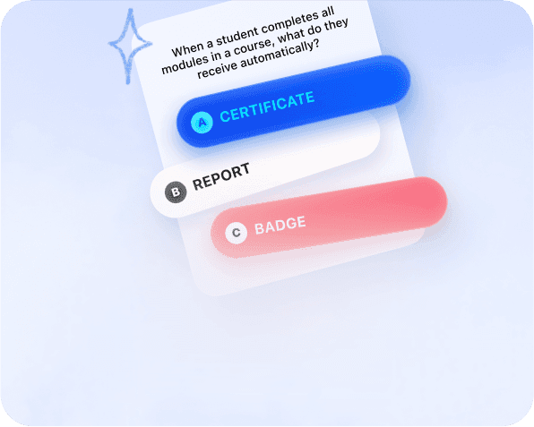 ByteCoach LMS AI-powered MCQs feature showing smart multiple-choice questions that adapt to course content, helping educators create interactive and personalized online assessments.