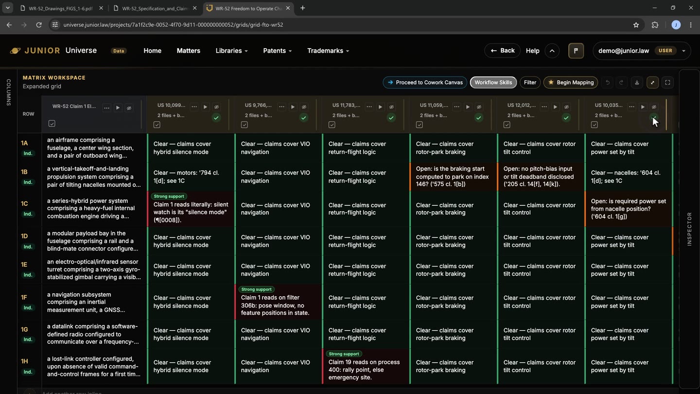 The WR-52 FTO chart, a Universal Chart: eight claim-1 elements by 23 patents in red, orange and green, with the toolbar count of 3 Direct Hit, 10 Possible Hit, 0 Remote and 171 Clear