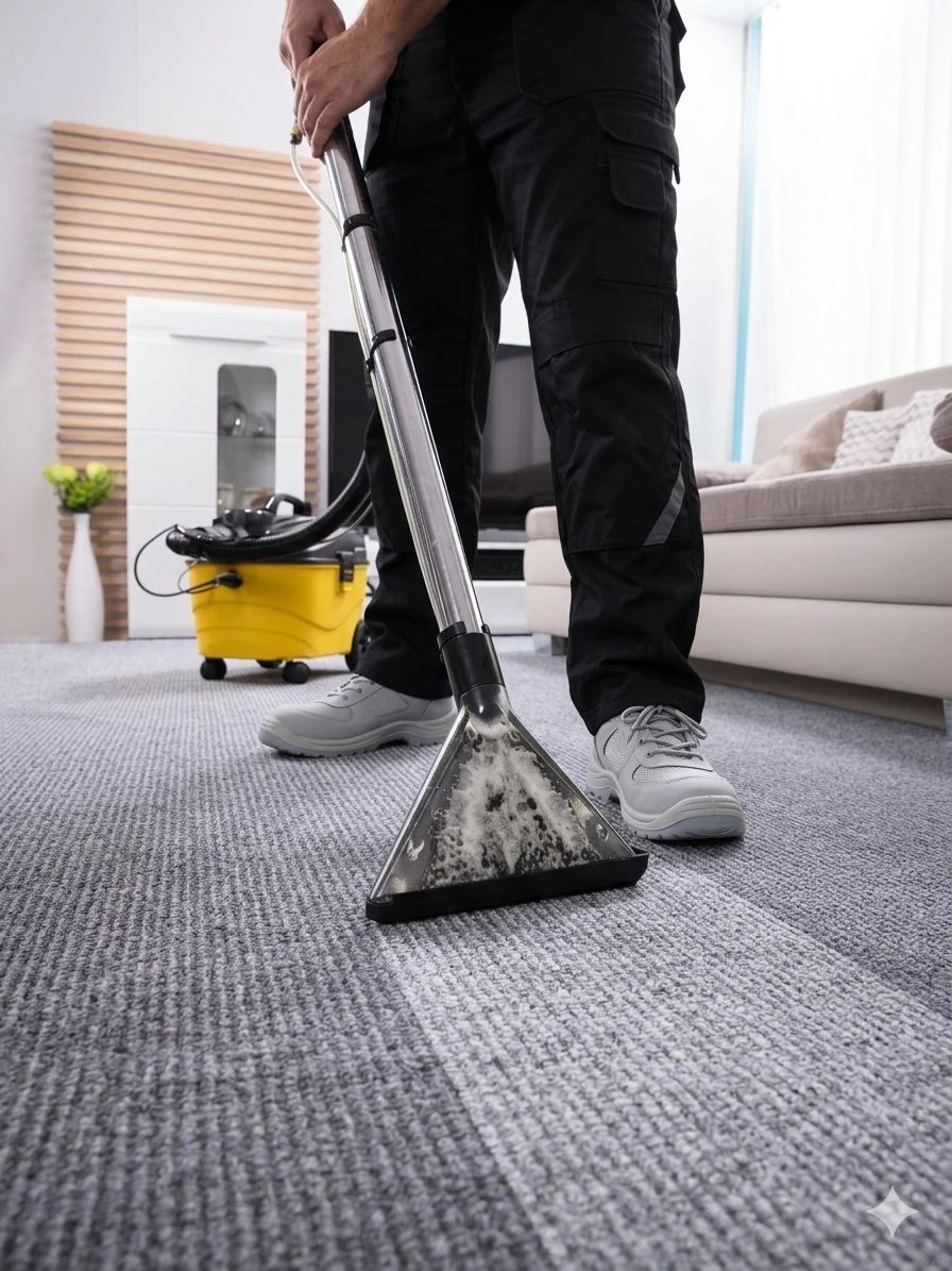 Professional carpet steam cleaning with industrial vacuum