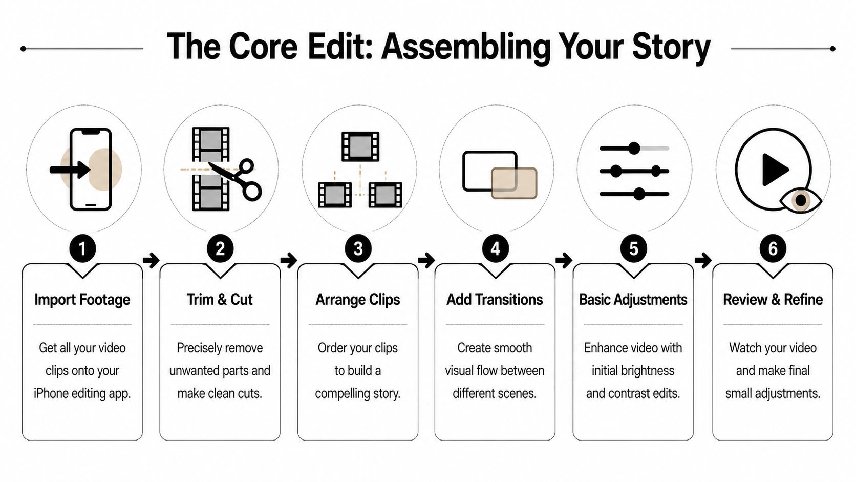 A six-step infographic illustrating the professional workflow for editing video footage on an iPhone.