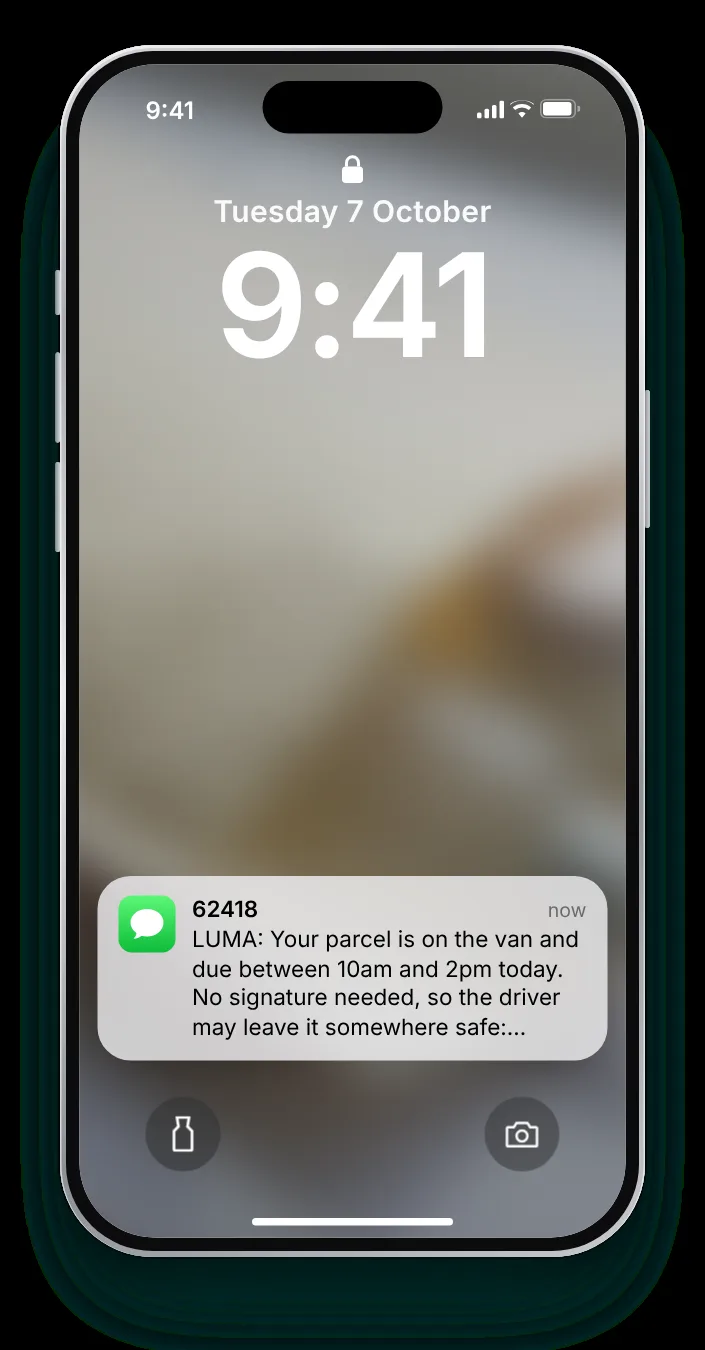 The out-today shipping text as a notification on an iPhone lock screen