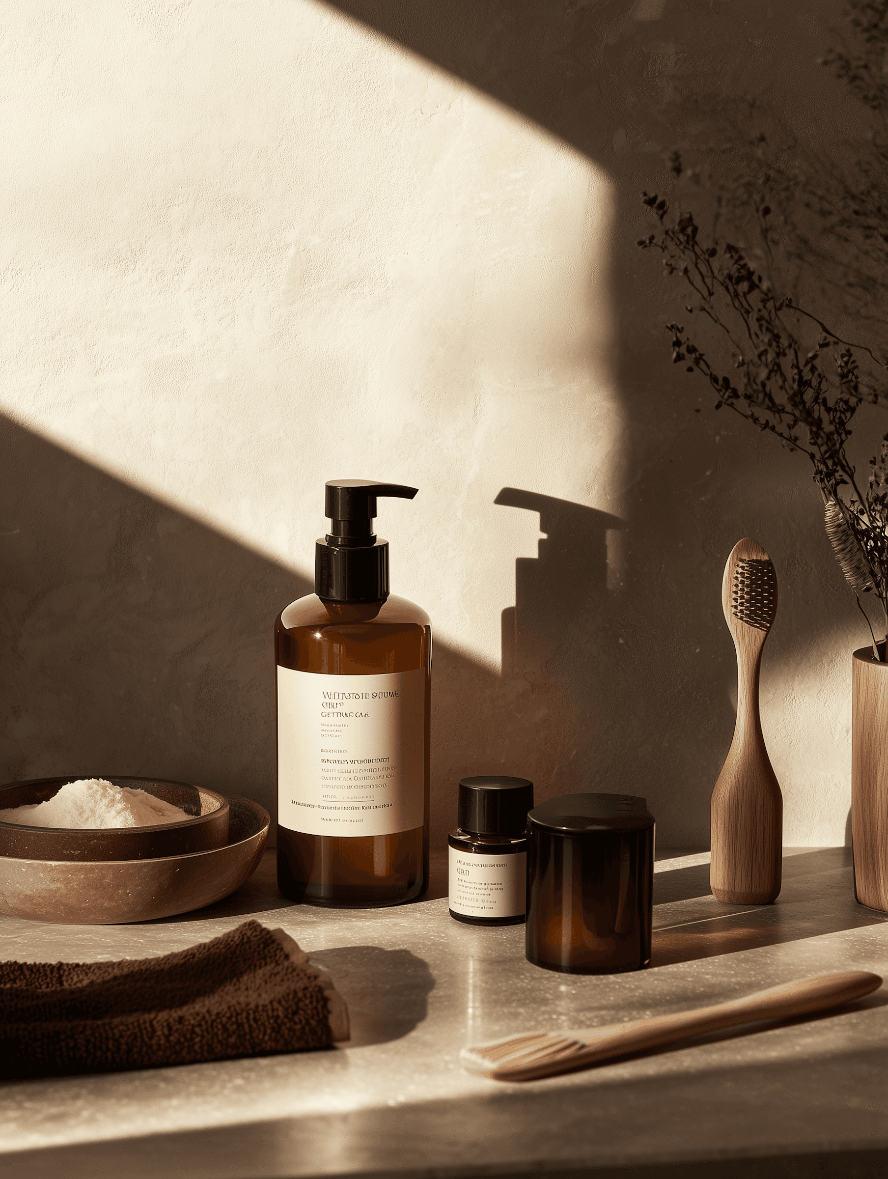 Spa bathroom styling with amber glass bottles, wooden hairbrush, bath salts, and burgundy towel on neutral stone surface