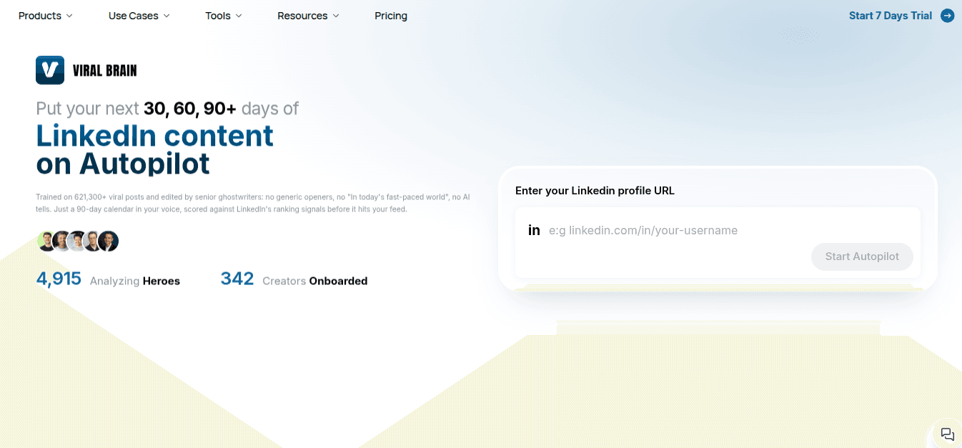 ViralBrain homepage offering a 90-day LinkedIn content calendar generated from a LinkedIn profile URL