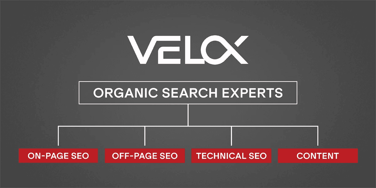 A graphic featuring VELOX as Organic Search Experts for on-page SEO, off-page SEO, technical SEO, and content.