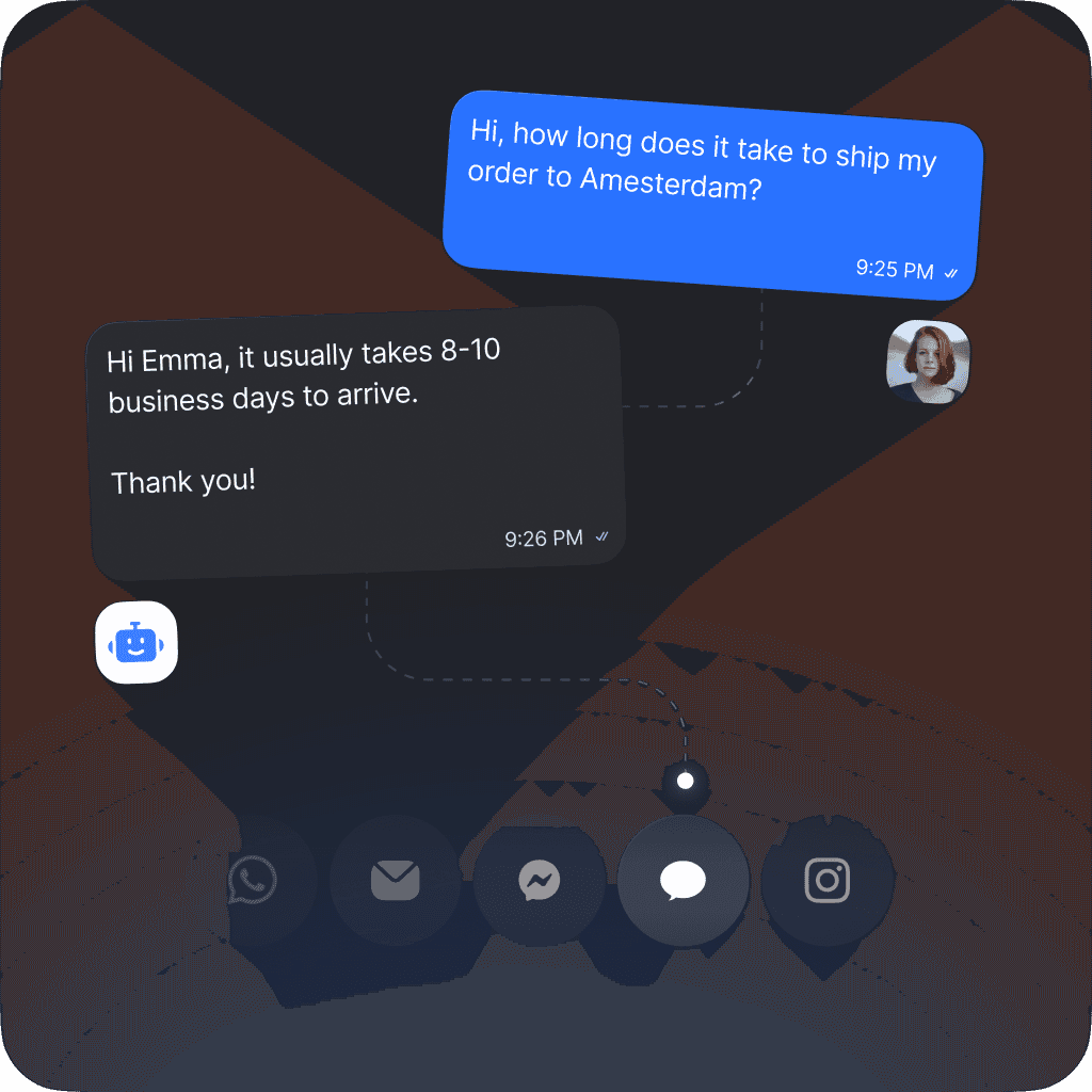 Conversation with chatbot asking about shipping time for a package to Amsterdam, with a response indicating 8-10 business days for delivery.