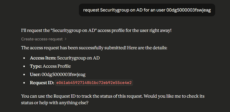 Screenshot showing a successful SailPoint access request submission for “Securitygroup on AD” with request ID and user details displayed.
