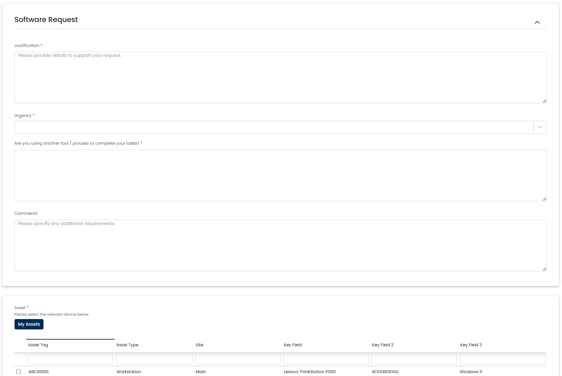 Improved Software Request form that includes Justification, urgency, comments, and asset select.