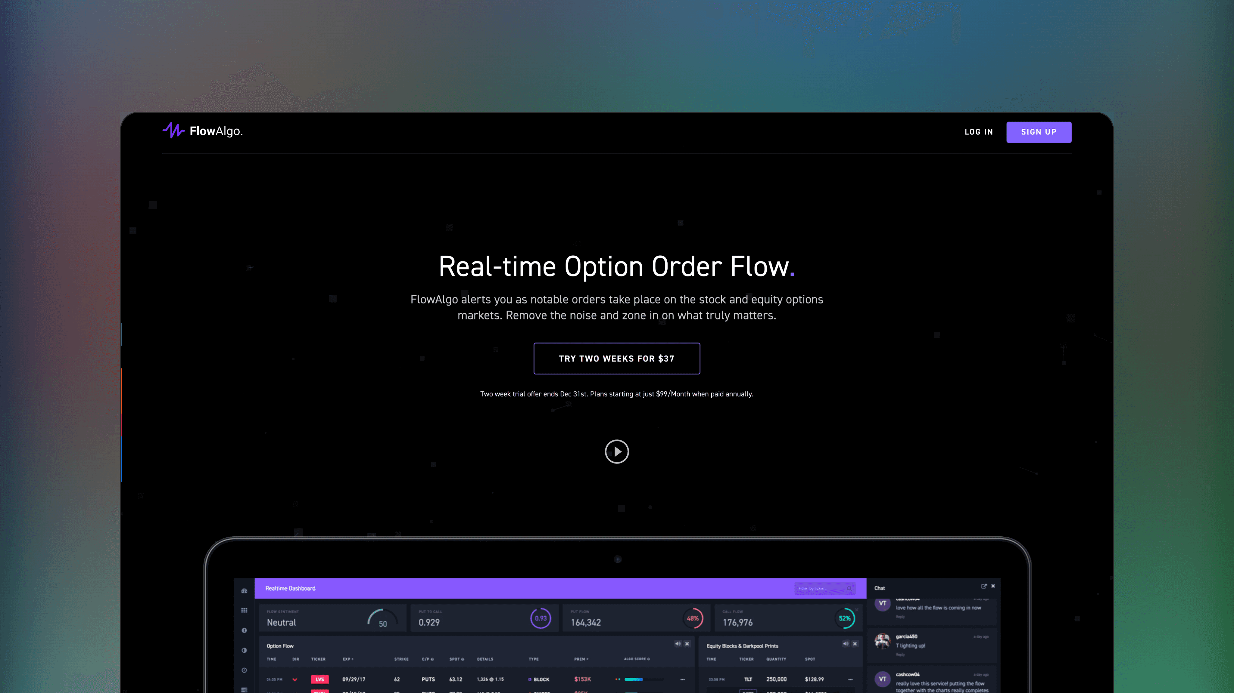 Website preview of FlowAlgo, trade analytics orderflow platform displaying a real-time feed of institutional options activity.