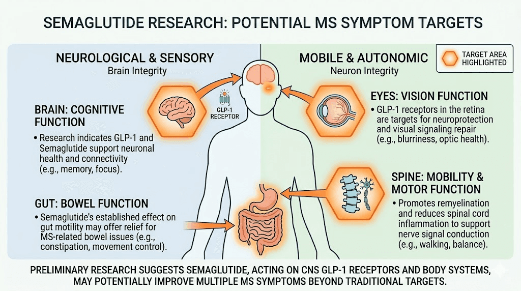 Multiple sclerosis symptoms that semaglutide may help including cognition, vision, mobility, and fatigue