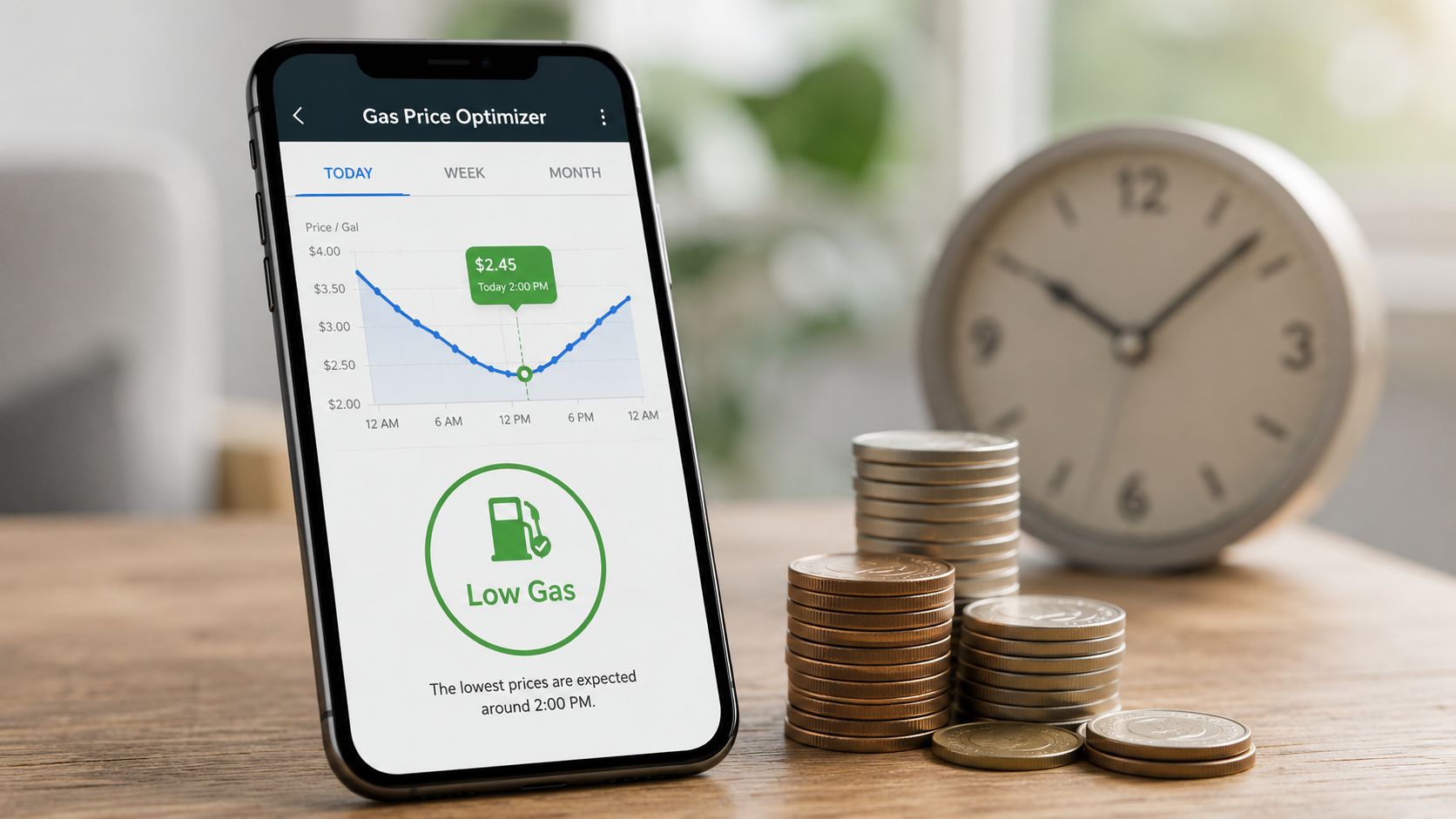 A smartphone screen displaying a gas price optimization app next to a stack of coins and a clock.