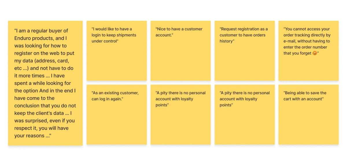 Yellow sticky notes with customer quotes asking for a login, order history, saved details and loyalty points
