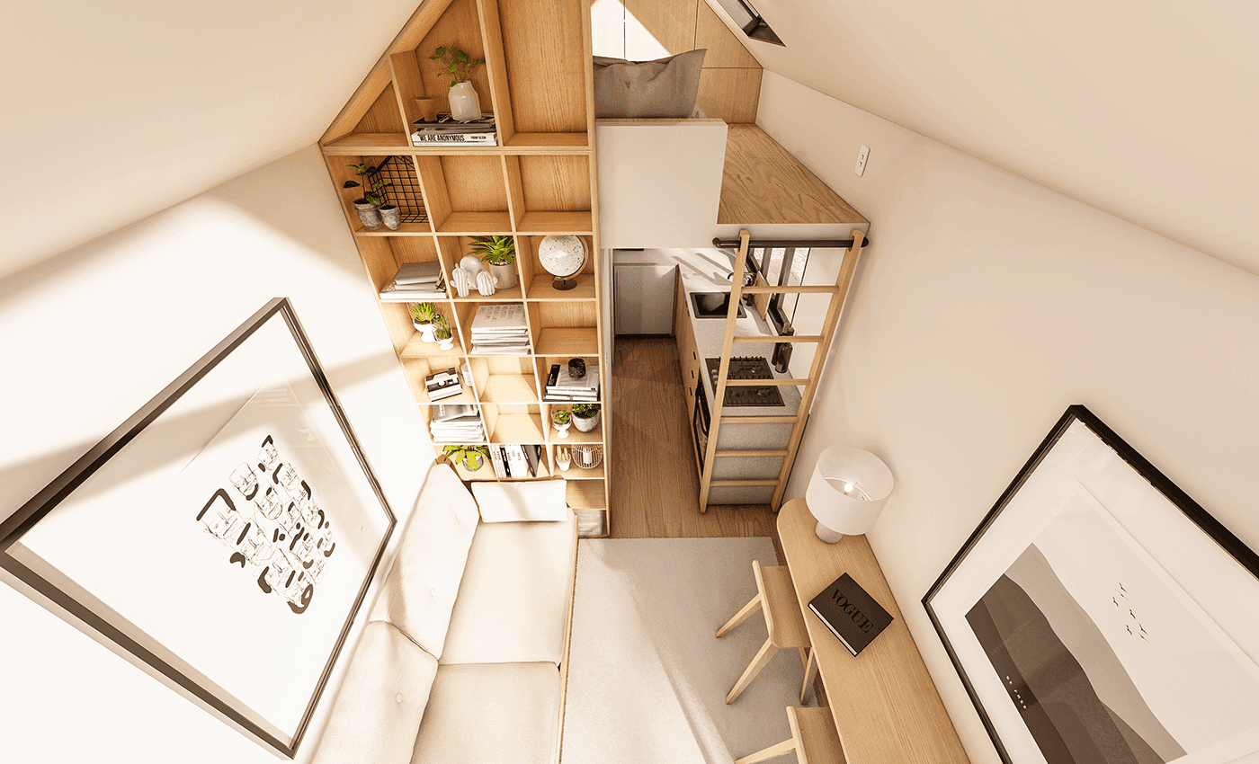 Tiny Haus interior with feature floor height bookshelf