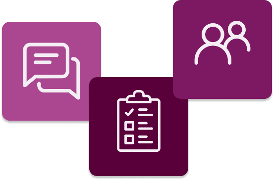 Three icons depicting a chat bubble, a clipboard, and clipart profile icons from left to right.