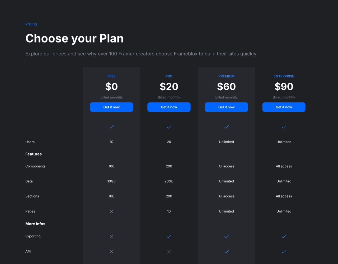 Framer Dark Pricing Section - Frameblox UI