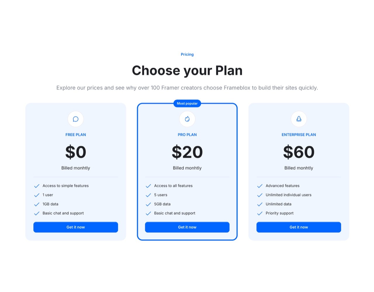 Framer Pricing Section - Frameblox UI