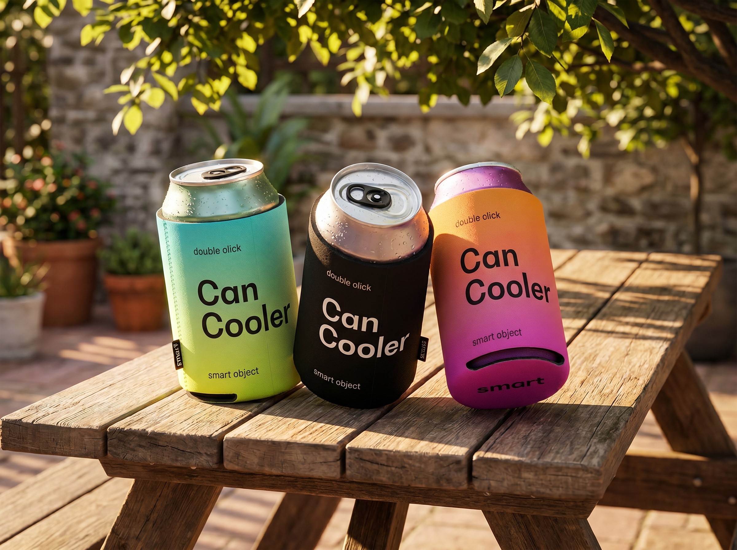 Three drink cans in teal, black, and orange-pink Can Cooler sleeves on a wooden picnic table in a sunlit garden.