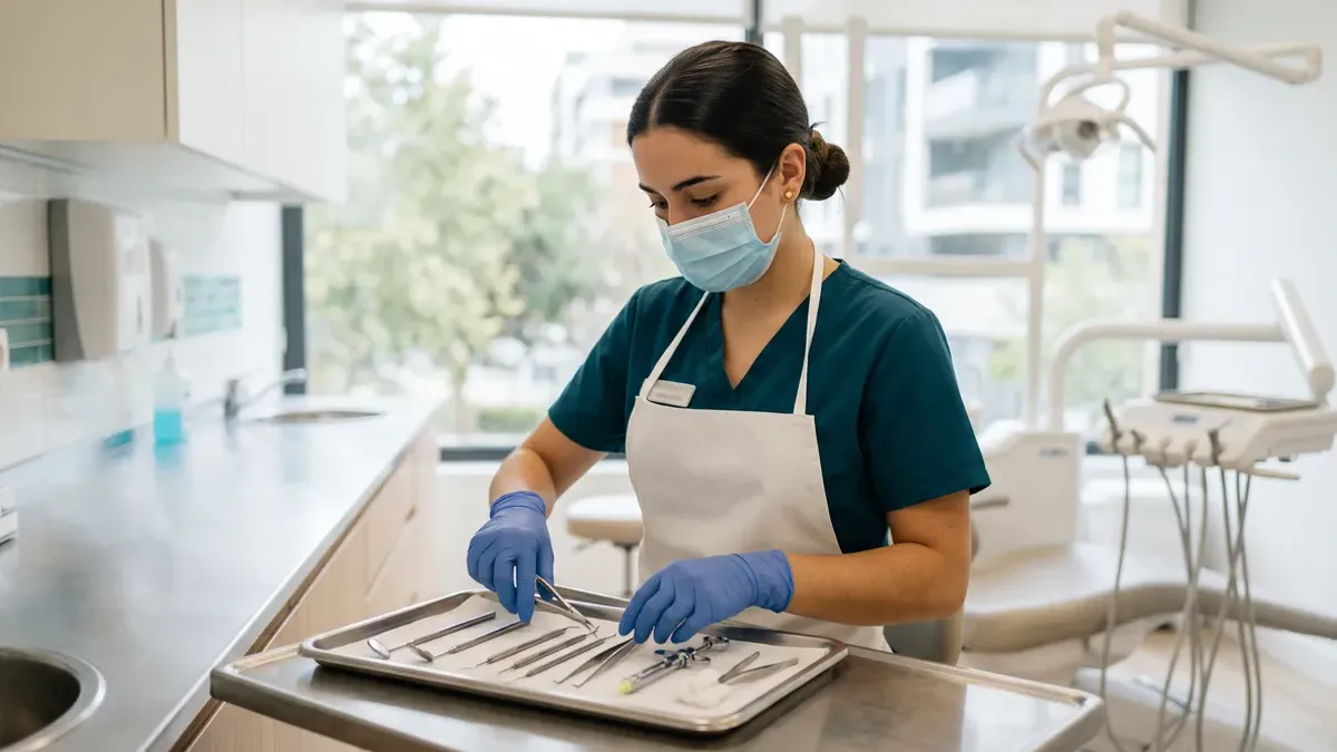 Estudiante de Higiene Bucodental preparando instrumental de exploración en un gabinete dental