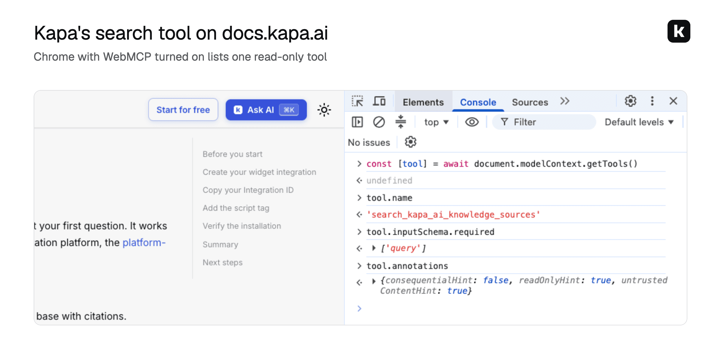 Kapa's search tool registered on docs.kapa.ai, listed in Chrome DevTools