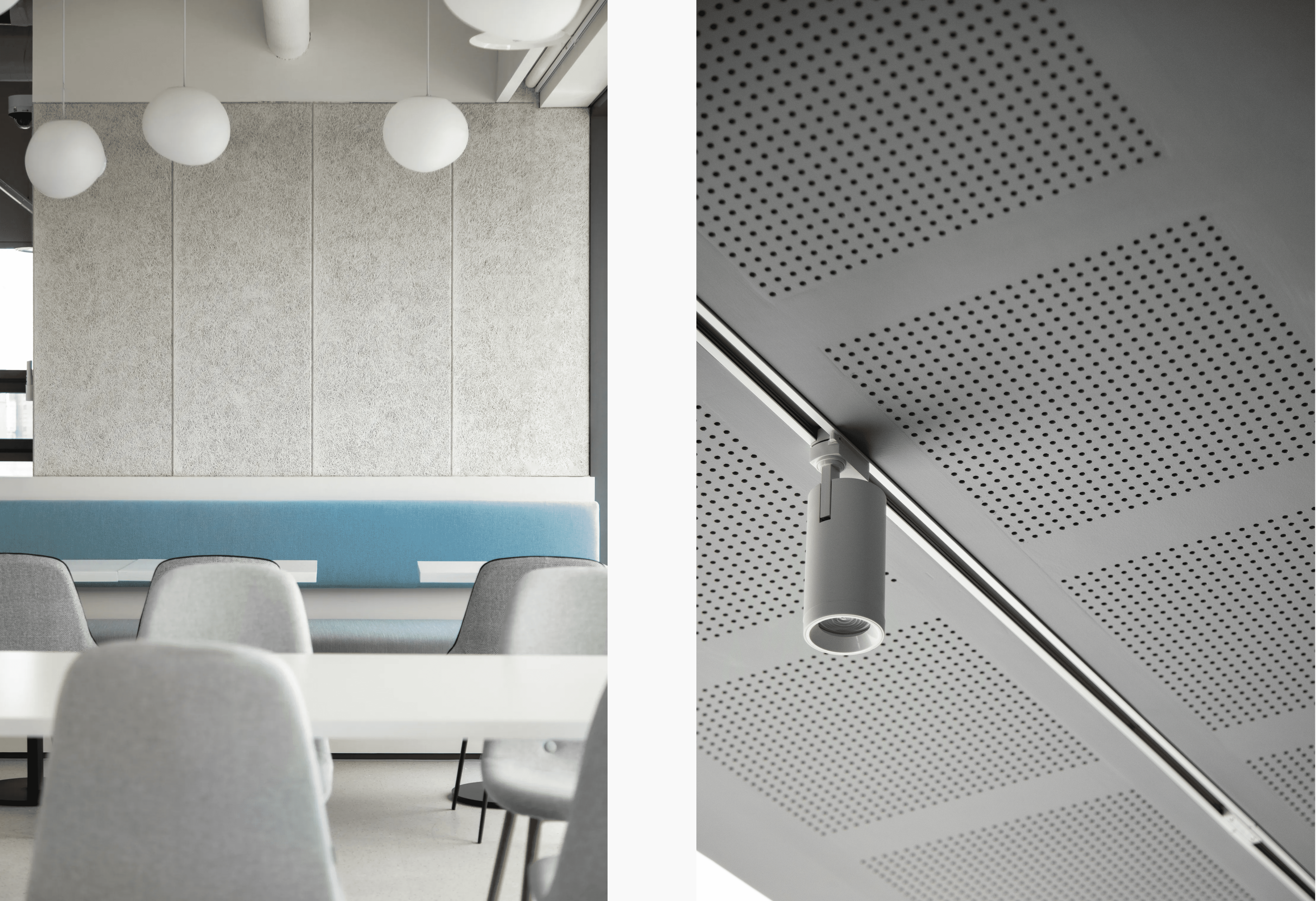 웜그레이 컬러와 패브릭 소재의 따스함이 공간에 깊이감을 부여하는 목모보드 마감재