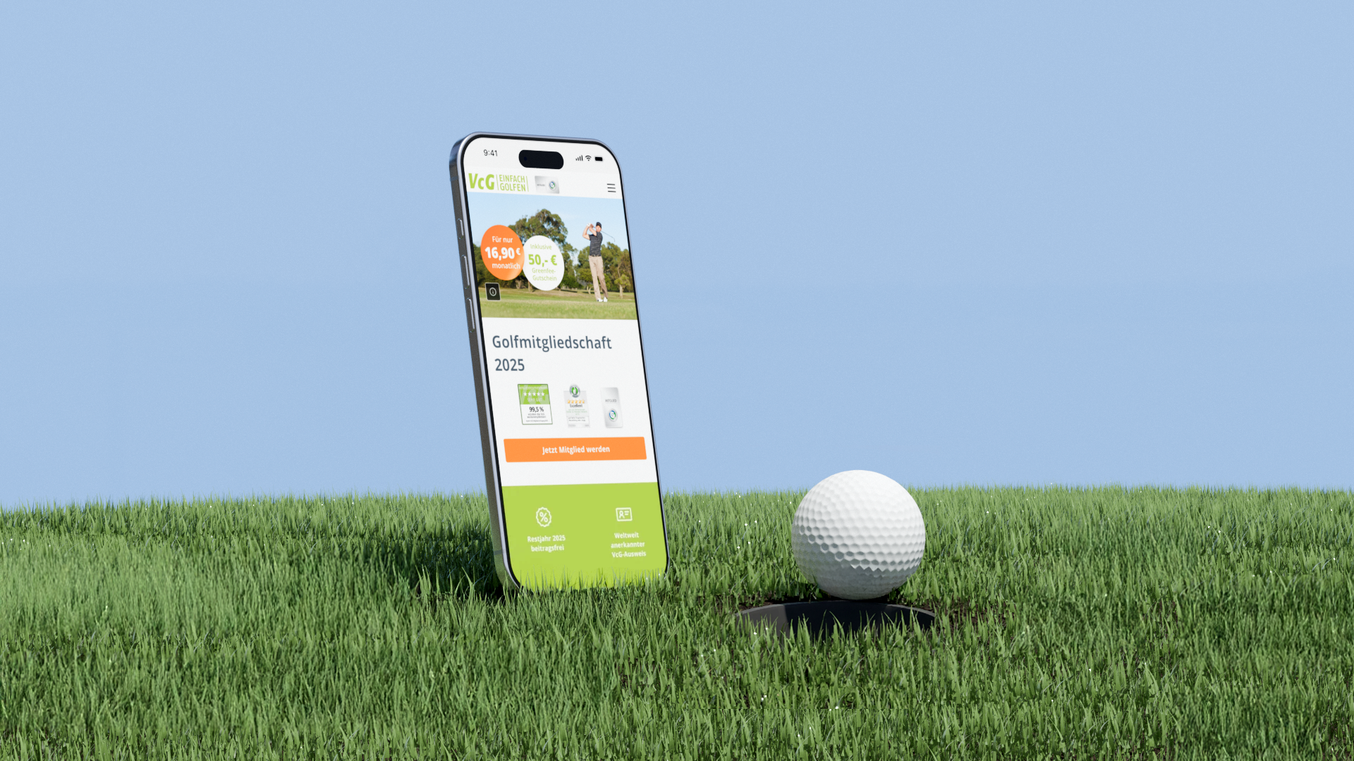 Ein Handy, auf dem die VCG-Website angezeigt wird. Daneben ein Golfball am Rand des Lochs.