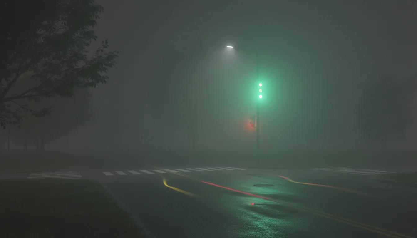A 3D render of an empty street intersection at night, shrouded in dense, volumetric fog. A single traffic light pole is visible, its top signal casting a vibrant green glow that illuminates the thick, hazy atmosphere. The wet asphalt road shows clear, shimmering reflections of the green, yellow, and red lights. The foreground is framed on the left with dark, silhouetted foliage, creating a sense of depth. Soft global illumination, cinematic and moody atmosphere, Twinmotion style.