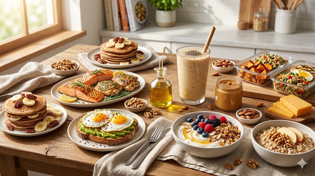 A premium lifestyle food photography shot of a high-calorie, nutrient-dense meal spread on a sunlit wooden table. The spread includes avocado toast with fried eggs, grilled salmon, chicken thighs, Greek yogurt with berries and granola, a creamy peanut butter smoothie, nuts, and roasted sweet potatoes, designed for healthy weight gain and recovery.