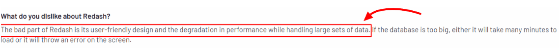 Redash user review mentioning performance issues with large datasets