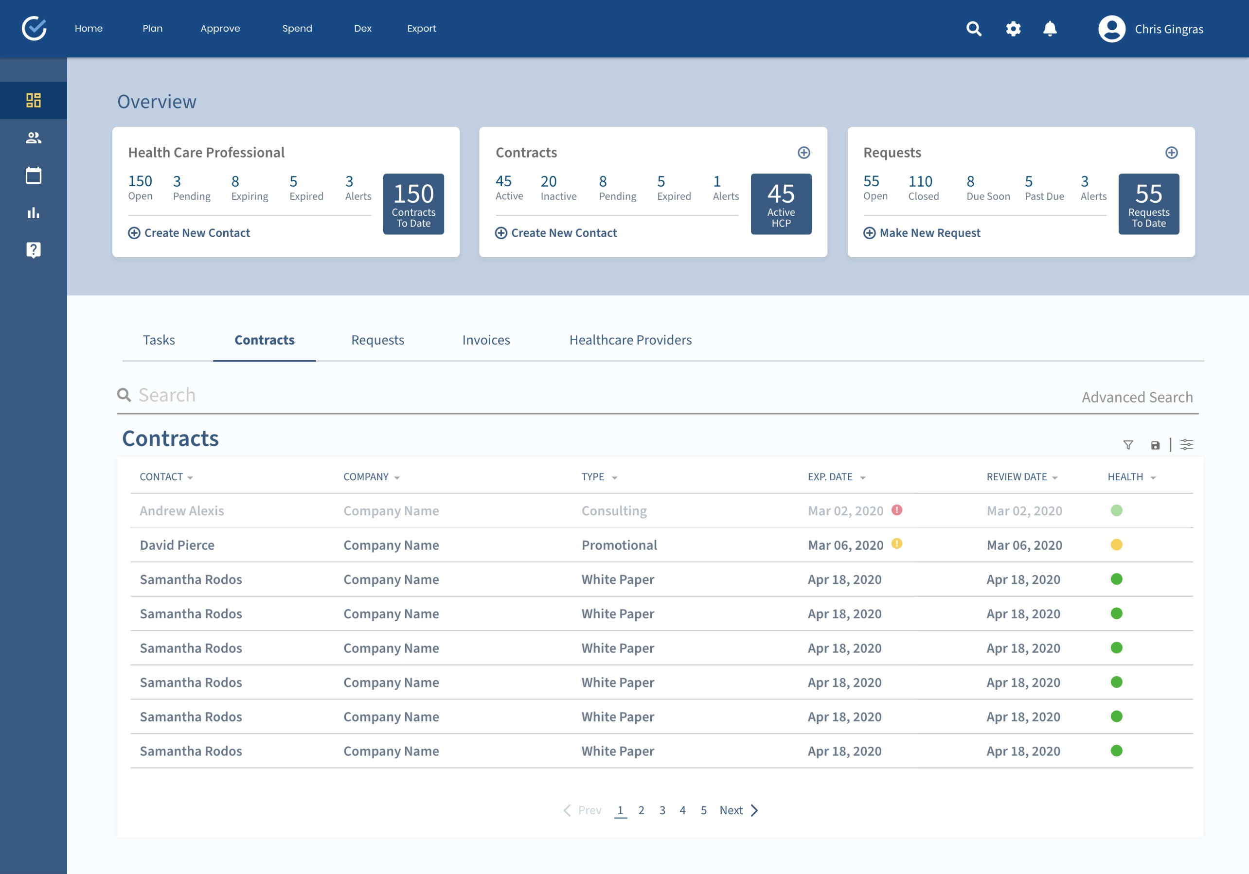 UI design of medical compiance web app's home screen.
