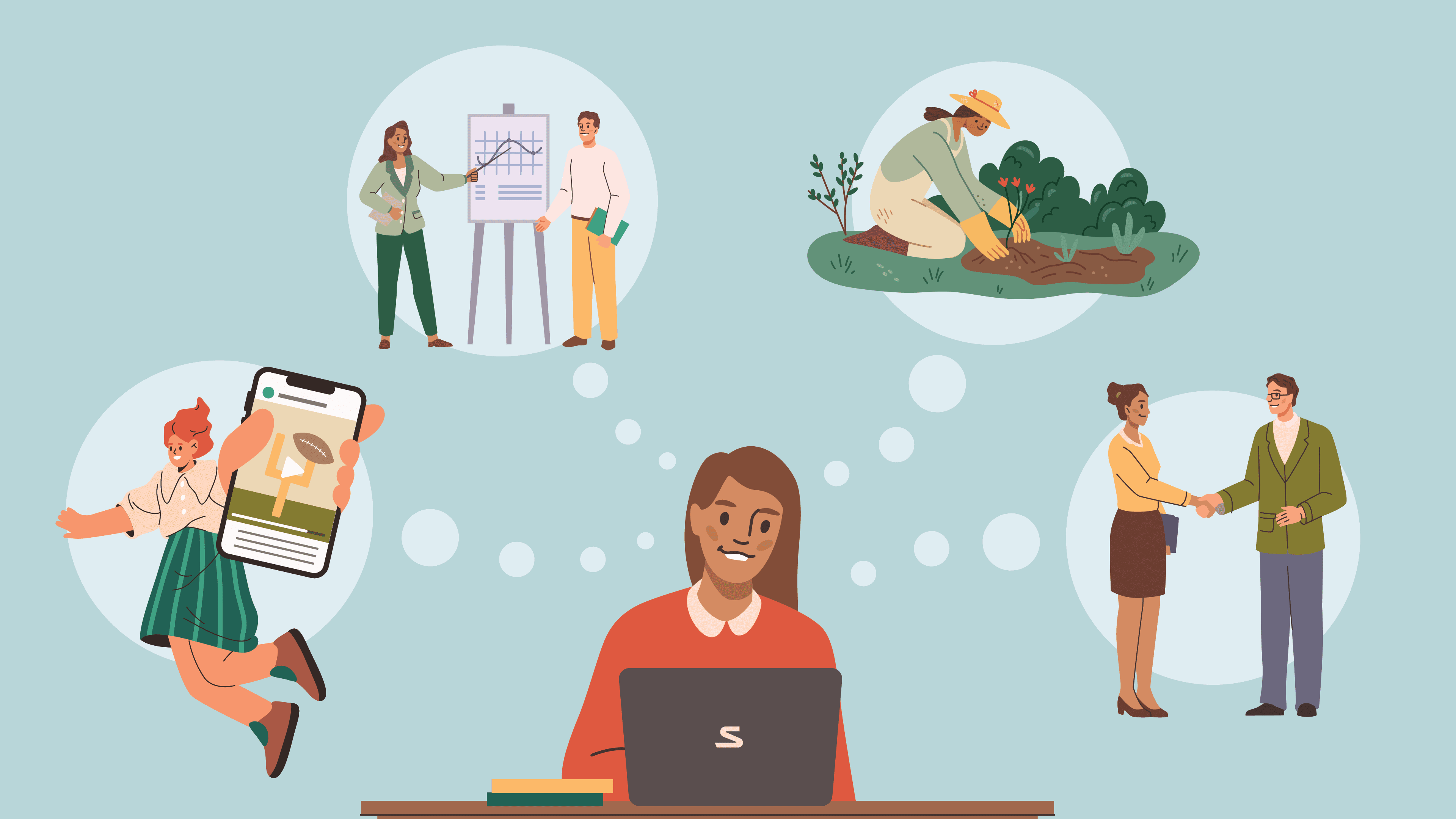 Annimated girl with thought bubbles around gardening, shaking hands, scrolling social media, presenting a project