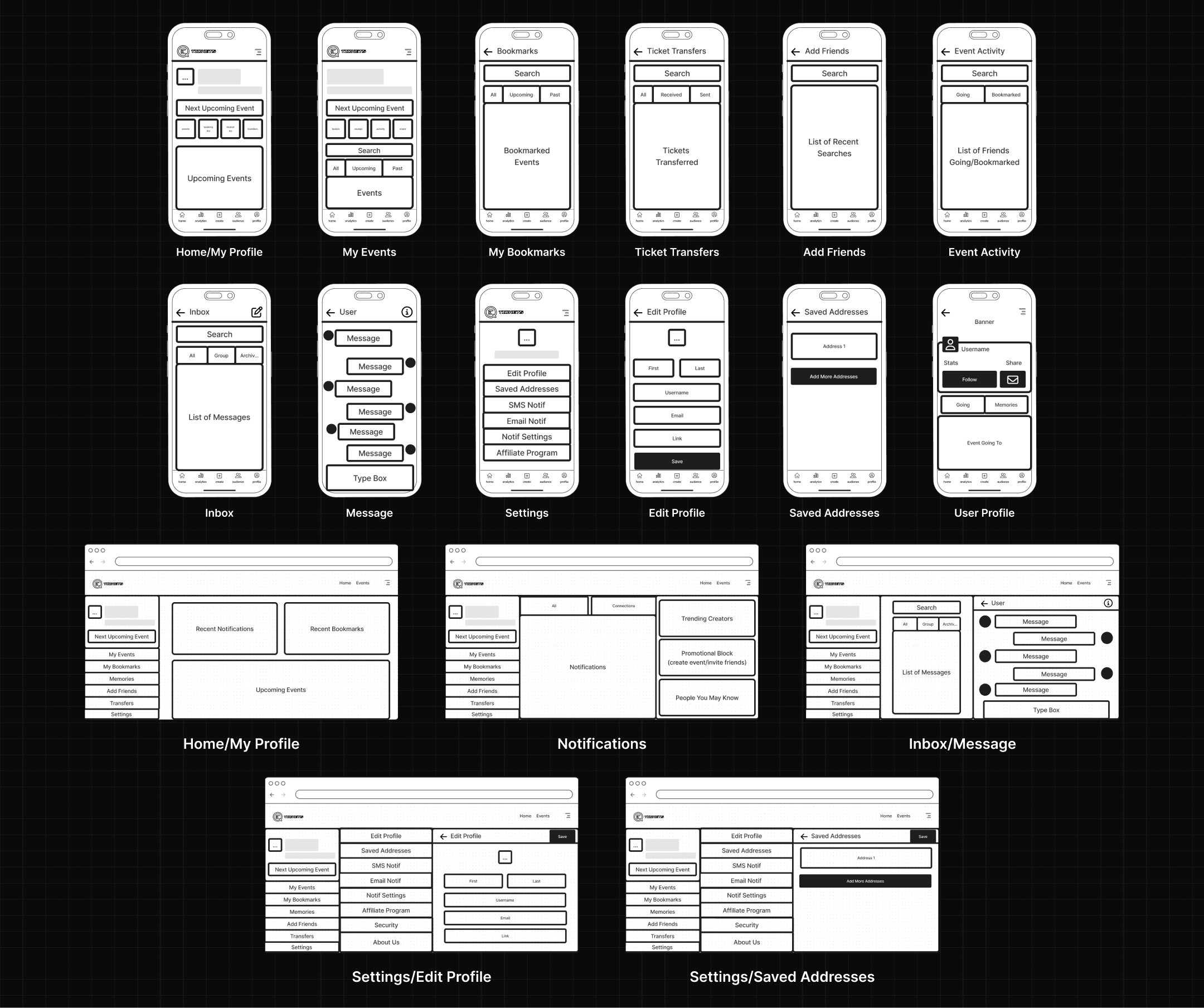 EQ Profile and User Settings Wireframes