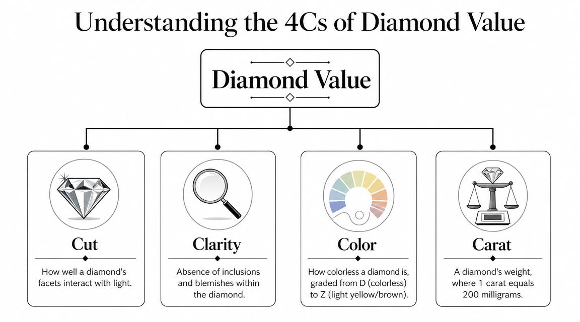A diagram illustrating the four C's of diamond value including Cut, Clarity, Color, and Carat specifications.
