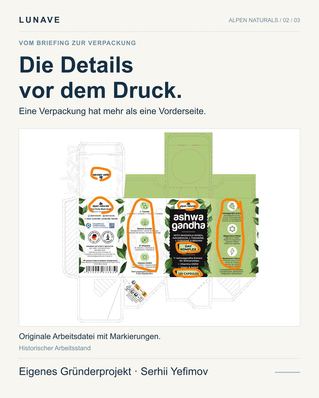Historischer Alpen-Verpackungsentwurf mit sichtbaren Markierungen für die Druckabstimmung.