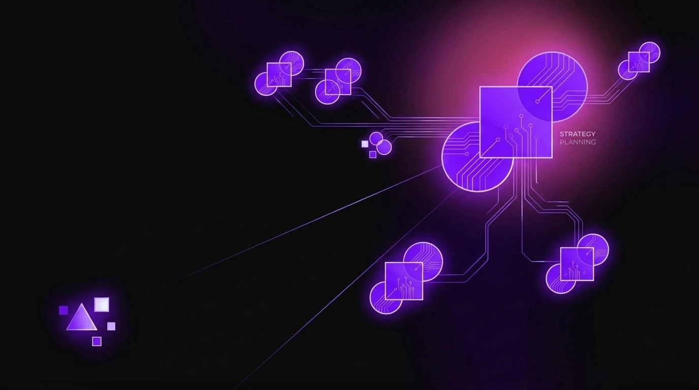 A minimalist vector illustration of glowing geometric shapes connected by luminous violet lines on a deep black background, symbolizing digital strategy and planning.