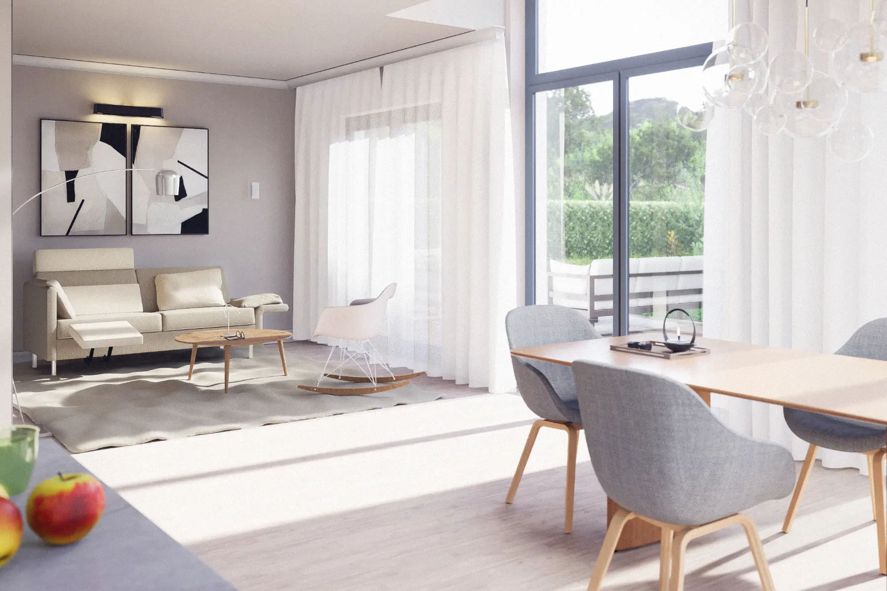 Offener Wohn‑ und Essbereich mit Küche, Sofa und großen Fensterfronten.