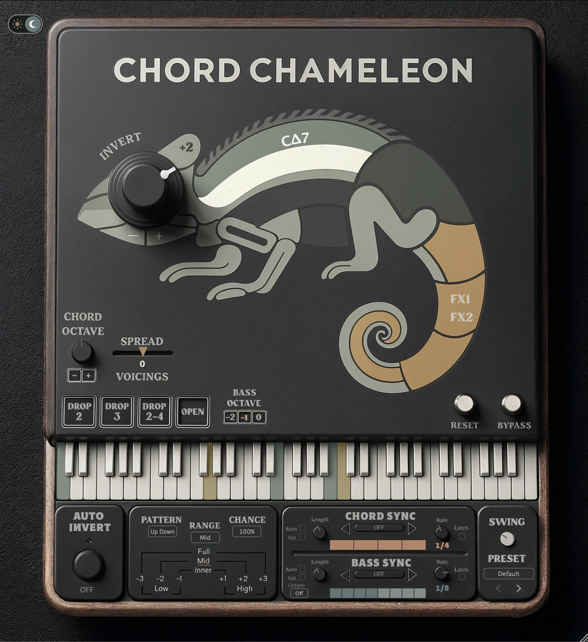 The complete Chord Chameleon interface in its light and dark themes: the Invert knob set in the chameleon’s eye, voicing buttons, keyboard, Auto Invert, and Chord Sync and Bass Sync rows.