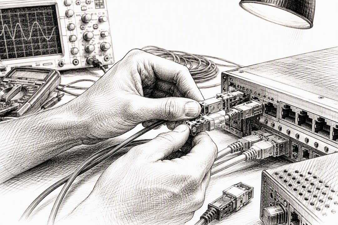 Hands connecting cables for verification testing