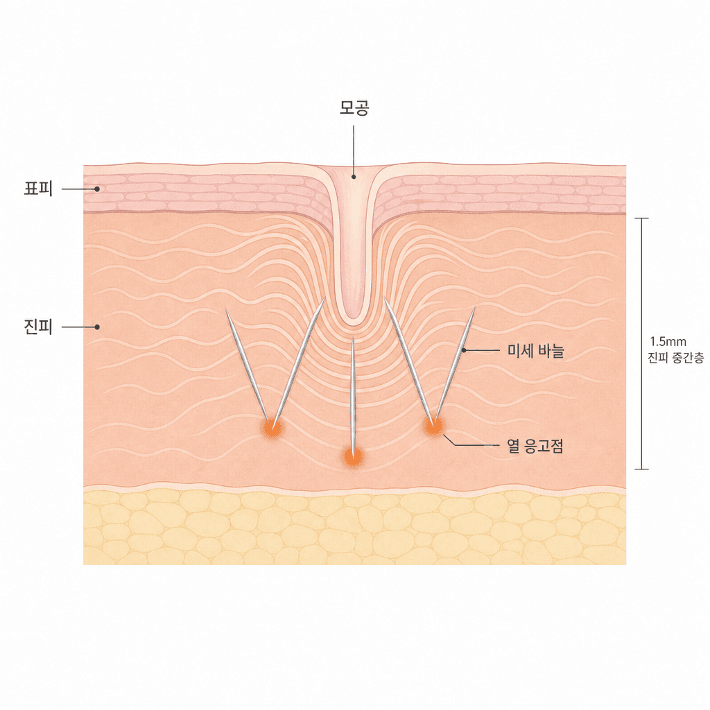 진피로 들어간 미세 바늘과 모공 벽을 조여가는 신생 콜라겐