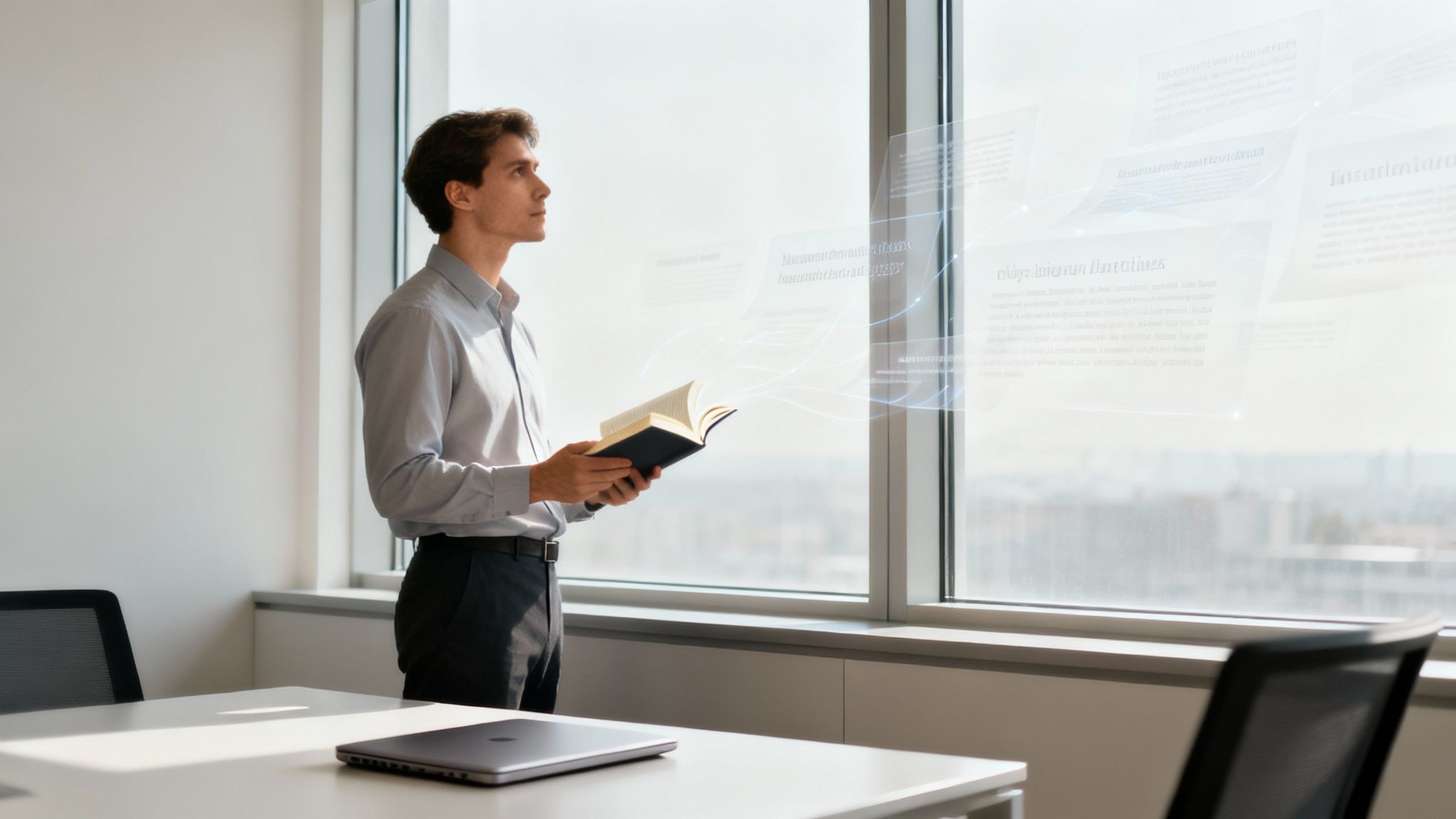 A person sitting comfortably in a well-lit room, focused on reading a book, representing the act of improving comprehension.