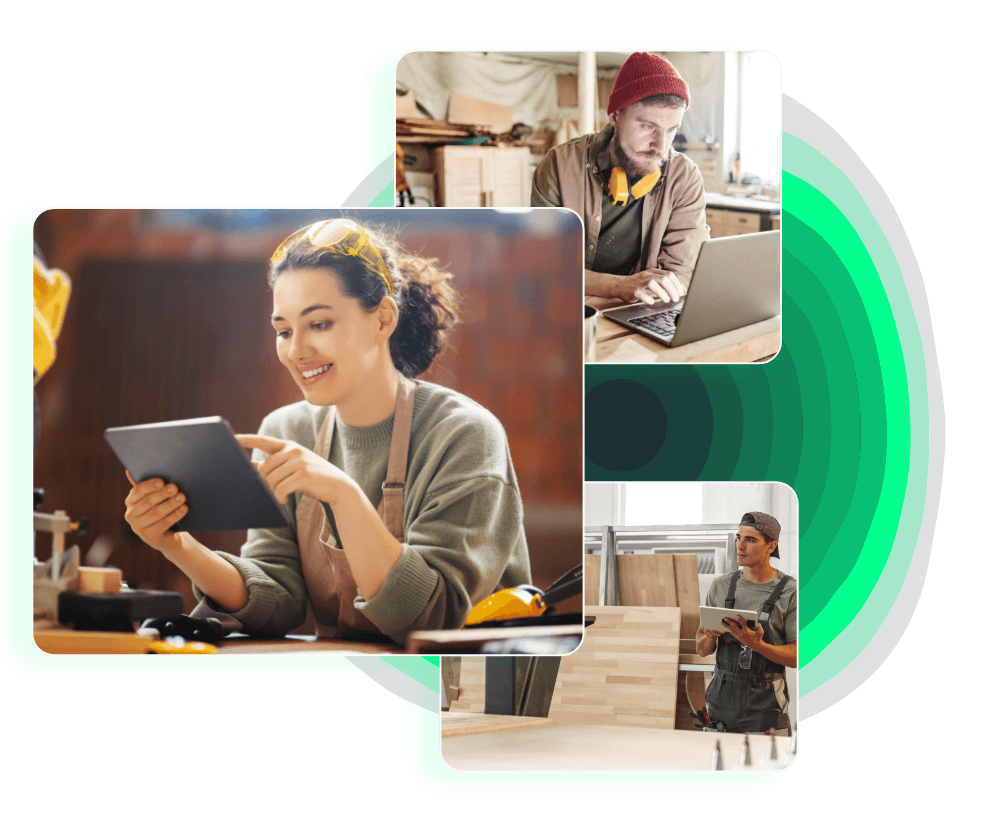 Collage aus drei Bildern: Die Bilder zeigen zwei junge Schreiner und eine junge Schreinerin in ihrer Werkstatt. Alle drei bedienen ein Endgerät wie Laptop oder Tablet. Die Collage symbolisiert den einfachen Zugang zur digitalen Werkstatt und die Vielfalt an Endgeräten.