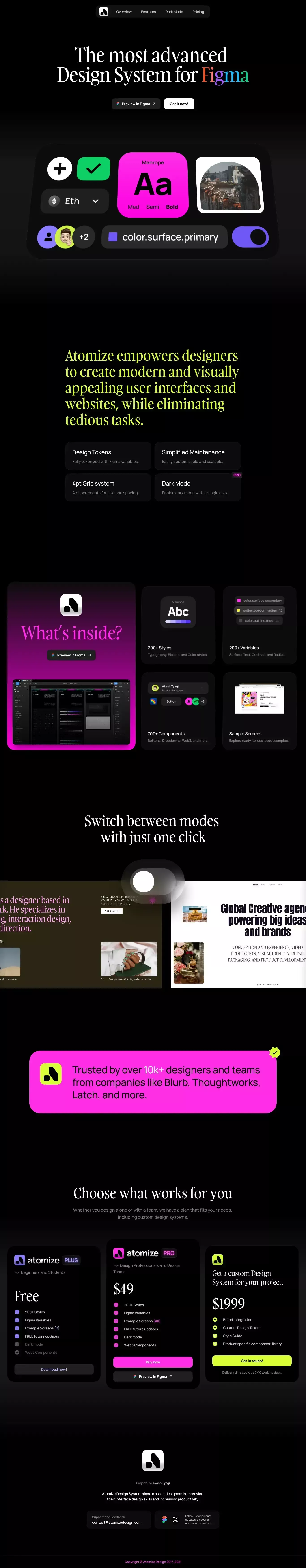 Atomize Design System landing page screenshot showcasing Design and Tech design