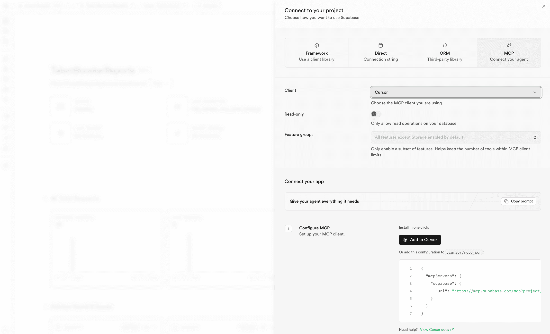 captura de Cursor en Settings → Tools & MCP con el formulario "Add new MCP server" abierto