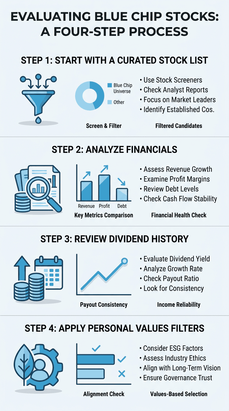 Vertical infographic showing a four-step process to evaluate blue chip stocks using stacked sections, simple bar and sparkline charts, and filled icons, with brand blue accents and clear headings for each step.