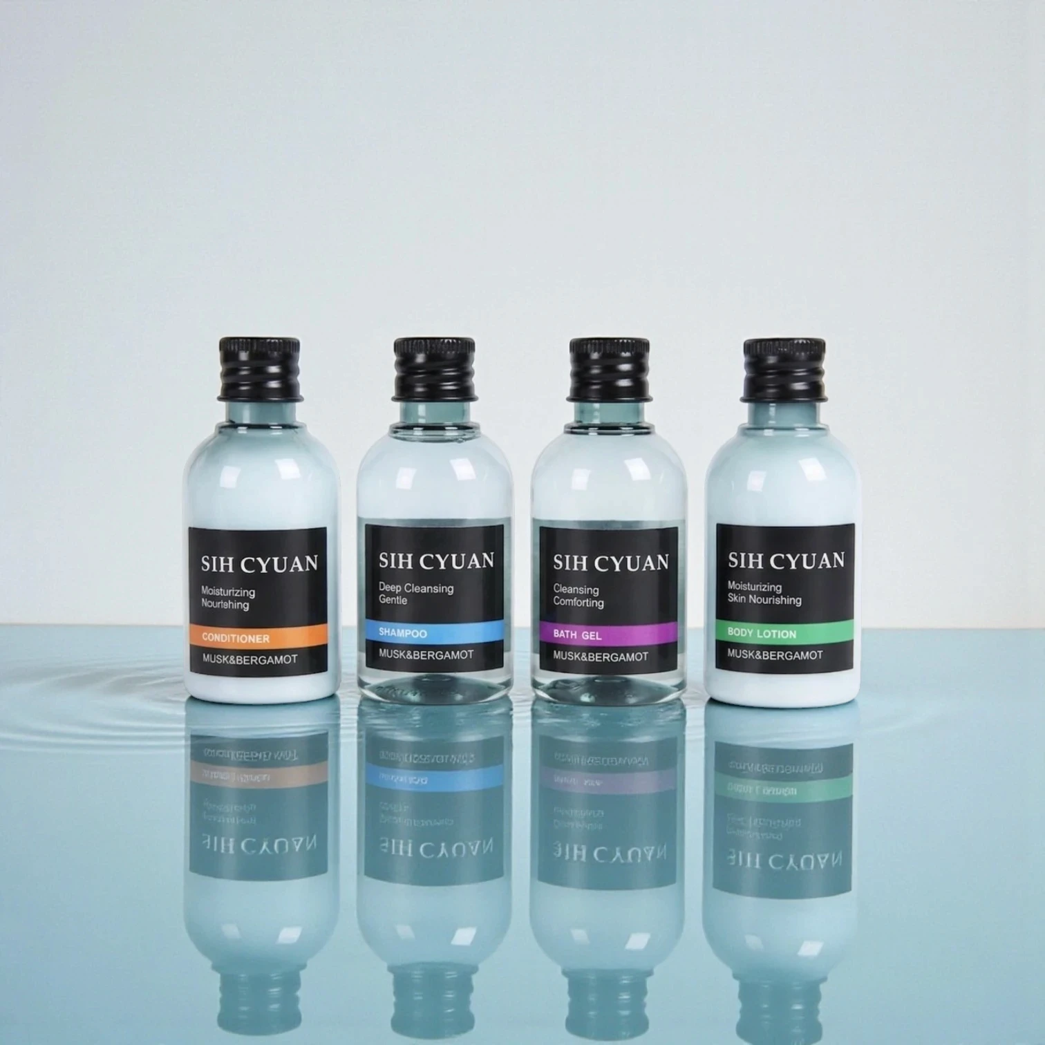 Bulk hotel amenities kit with sustainable packaging, featuring customizable bottles and logo branding for boutique hotels and hospitality chains.