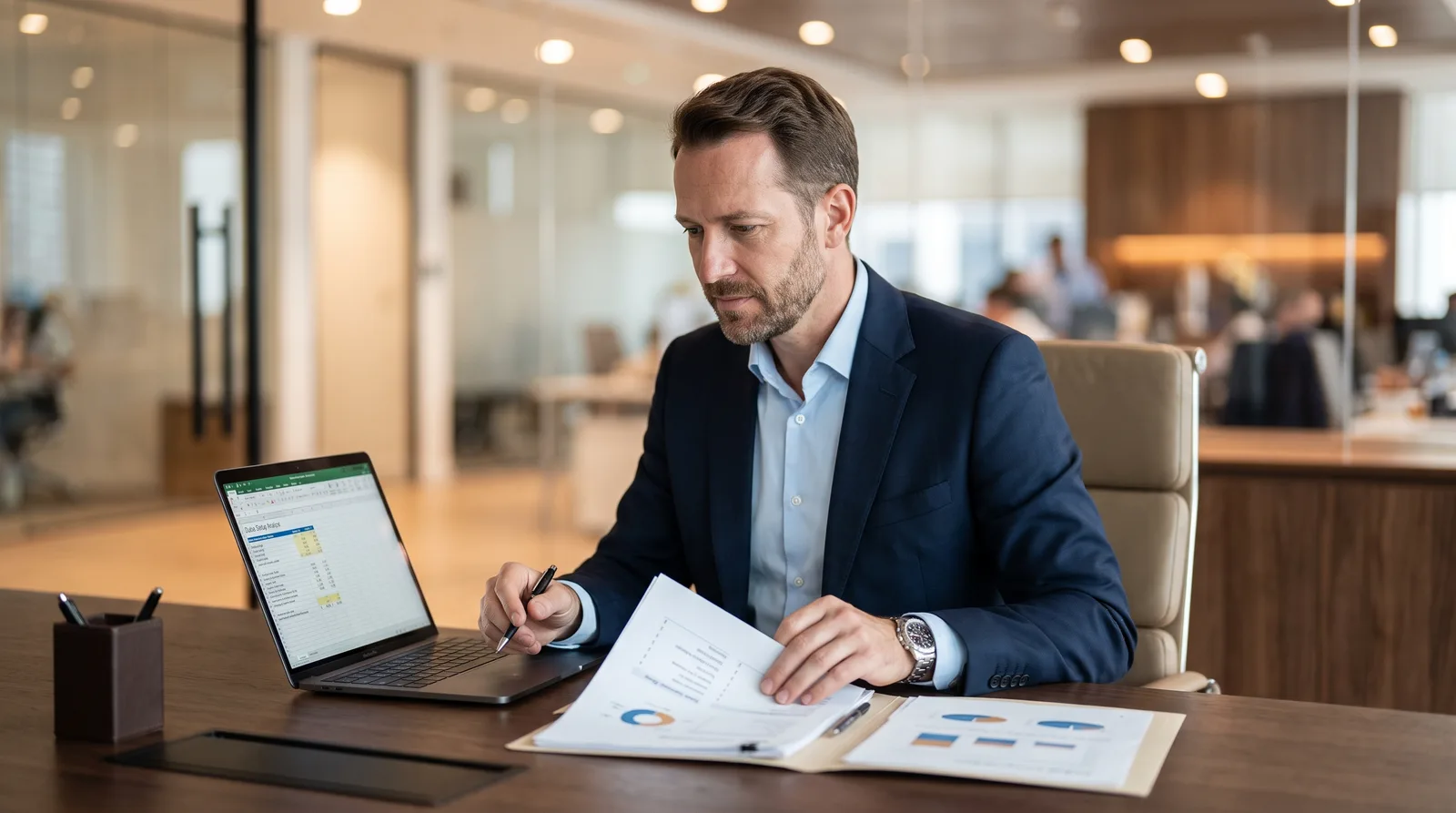 German founder planning a Dubai company setup at a modern desk with the skyline behind