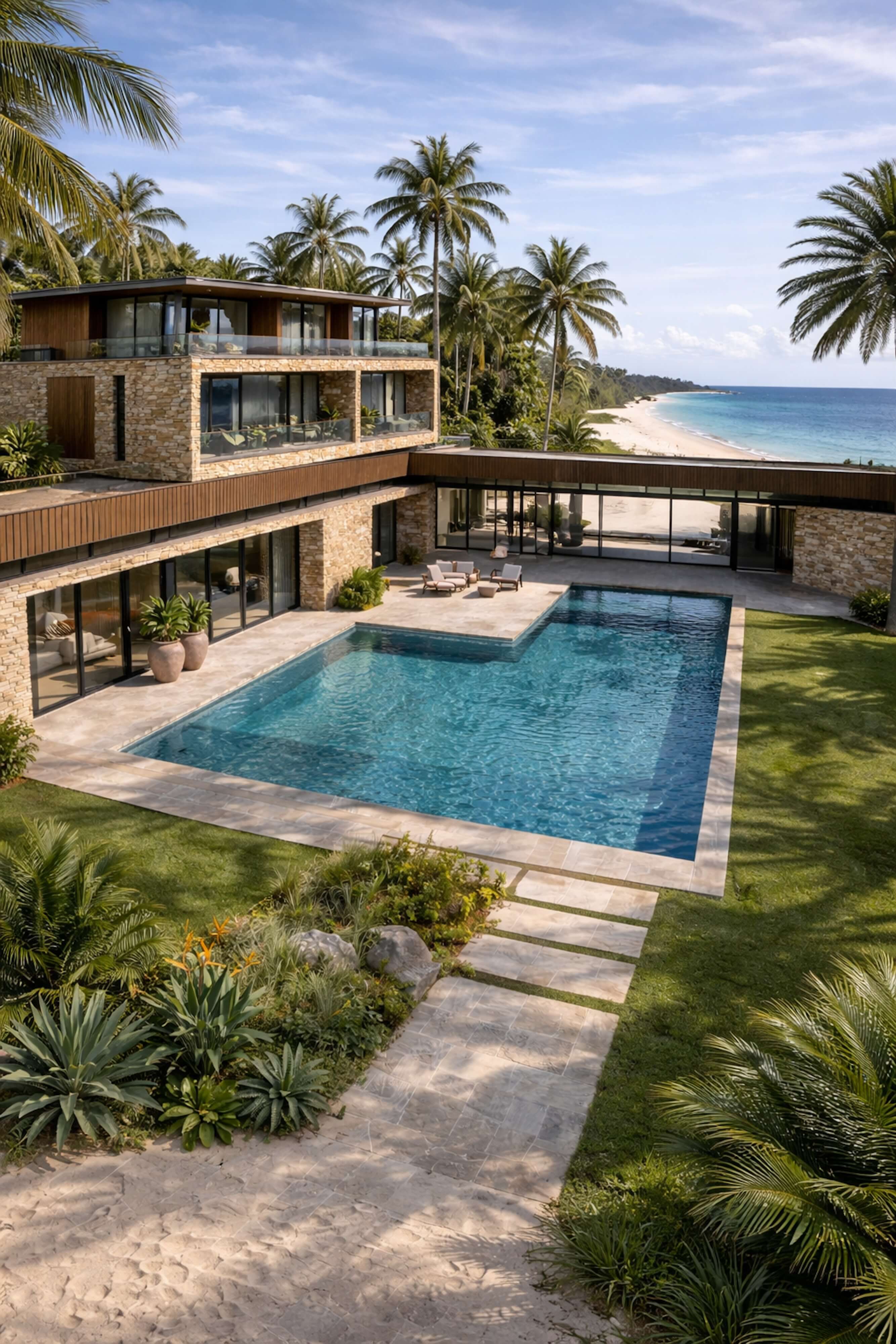 An elevated coastal exterior design overlooking the shoreline, featuring a modern coastal home exterior framed by palm trees and natural landscaping. The home’s coastal architecture exterior uses natural wood, stone, and large windows to highlight views of the water. Designed as a coastal retreat, the exterior balances luxury outdoor living, coastal style, and seamless transitions between interior design and the surrounding landscape.