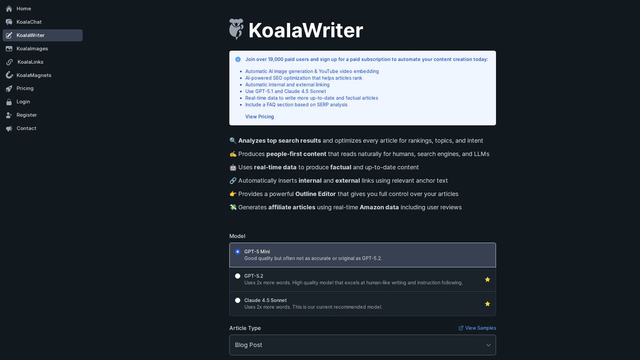 KoalaWriter's article setup screen showing model selection and Blog Post article type