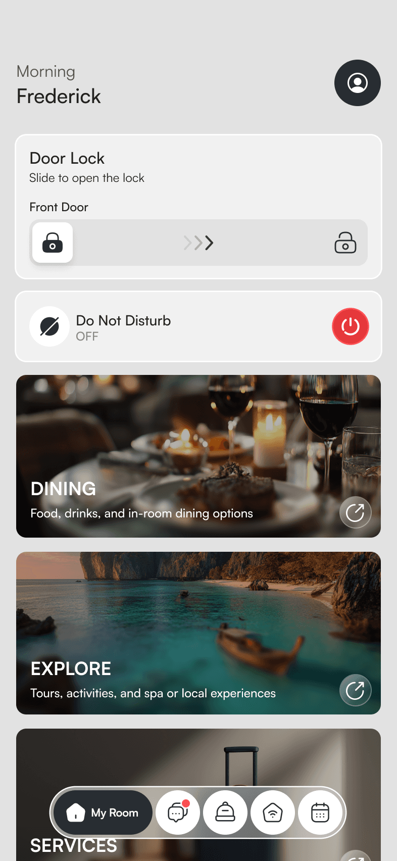 OneAvant Hotels & Properties dashboard showing web and mobile chat interfaces for guest management. The screen displays real-time conversations between guests and staff about room service and orders, alongside features like booking management, housekeeping coordination, and service tracking.