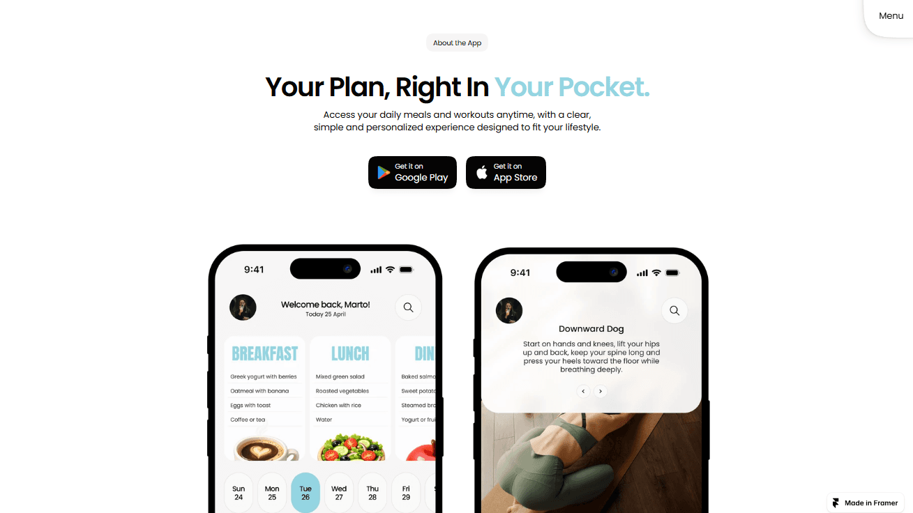 Mobile app showcase section with two phone mockups displaying the nutrition tracking interface.